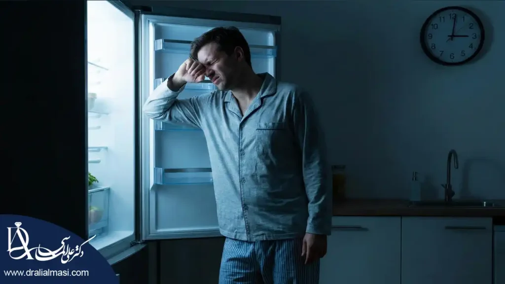 افزایش هورمون گرلین و گرسنگی شدید شبانه ناشی از کم خوابی و استرس