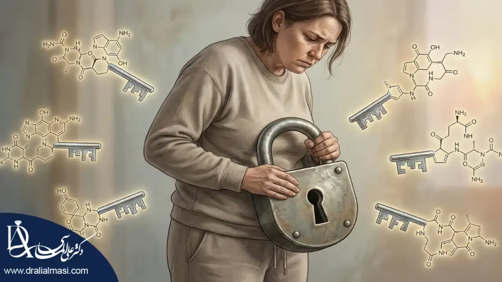 زنی با چهره نگران که یک قفل بزرگ و سنگین روی ناحیه شکم دارد