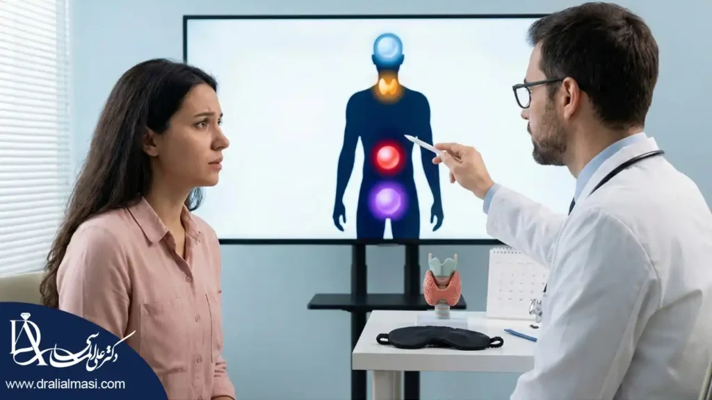 عکسی از پزشک در حال توضیح هورمون چاقی برای بیمار